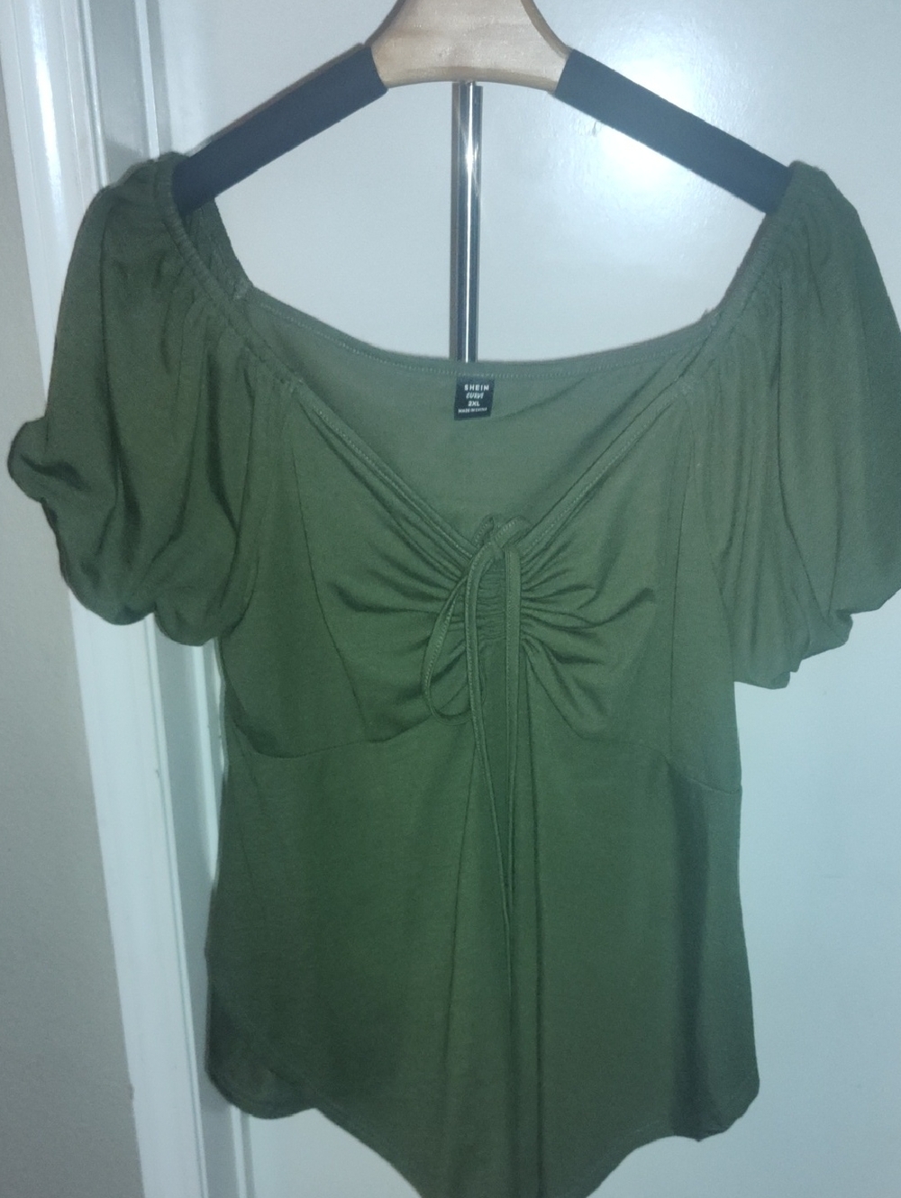 SHEIN Olive Green Puff Sleeve Drawstring Top